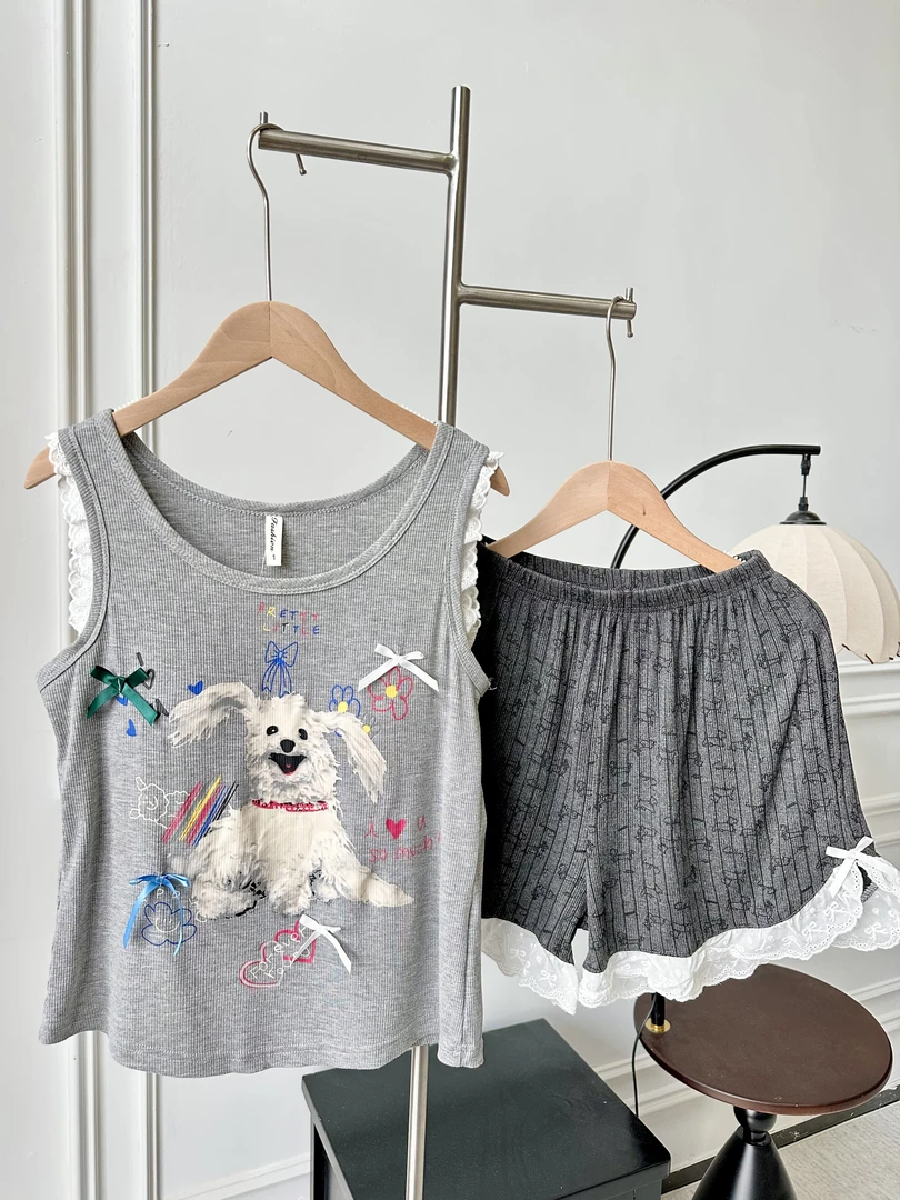 【凌乱小狗】带胸垫女士夏季可外穿莫代尔家居服背心短裤套装