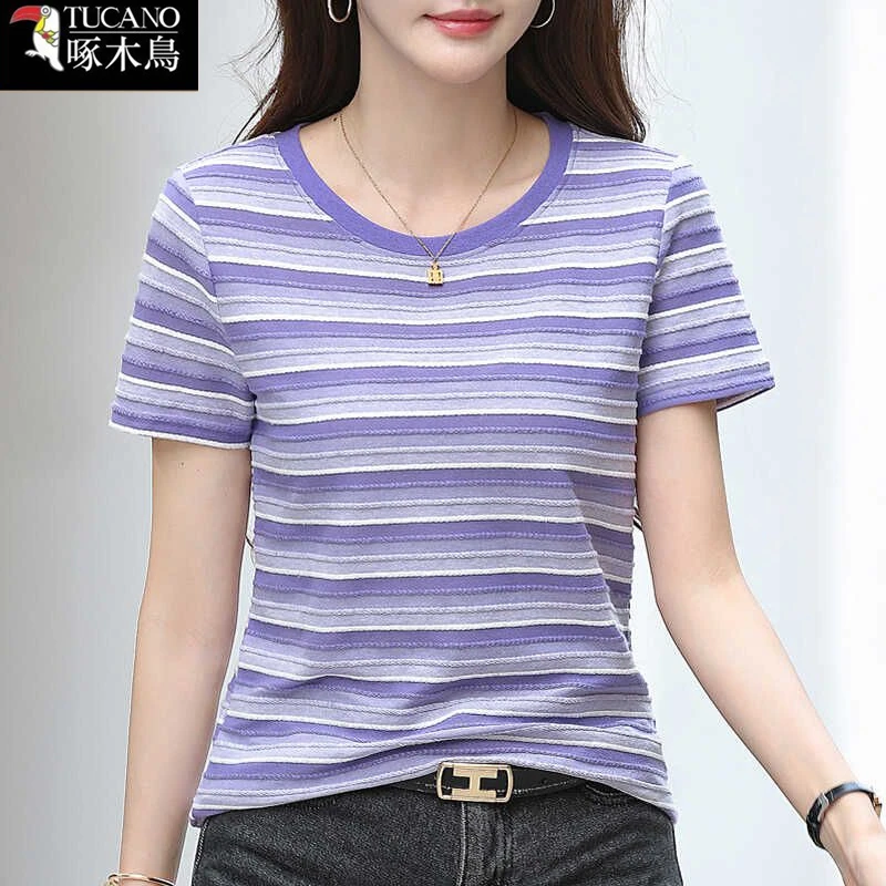 啄木鸟正品2025年夏季短袖条纹撞色圆领T恤女士减龄新款简约上衣