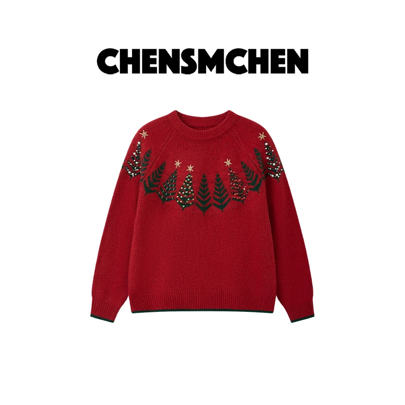 CHENSMCHEN【圣诞树】红色圆领刺绣钉珠绵羊毛羊绒针织衫CSM11822QQ