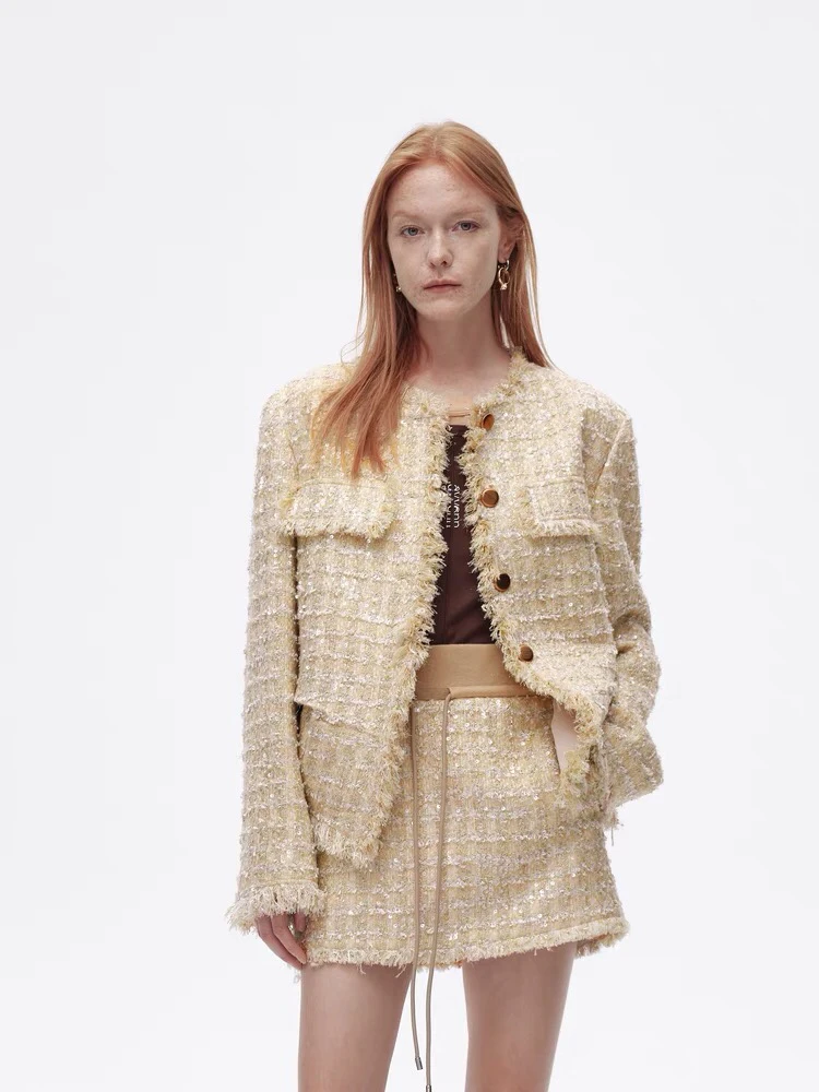 新款珠片纱花经典箱型造型感小香风外套➕半裙