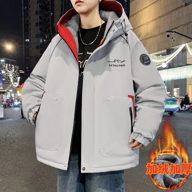 夜晚反光男生冬季保暖加绒加厚外套连帽青少年夹克褂子上衣时尚潮