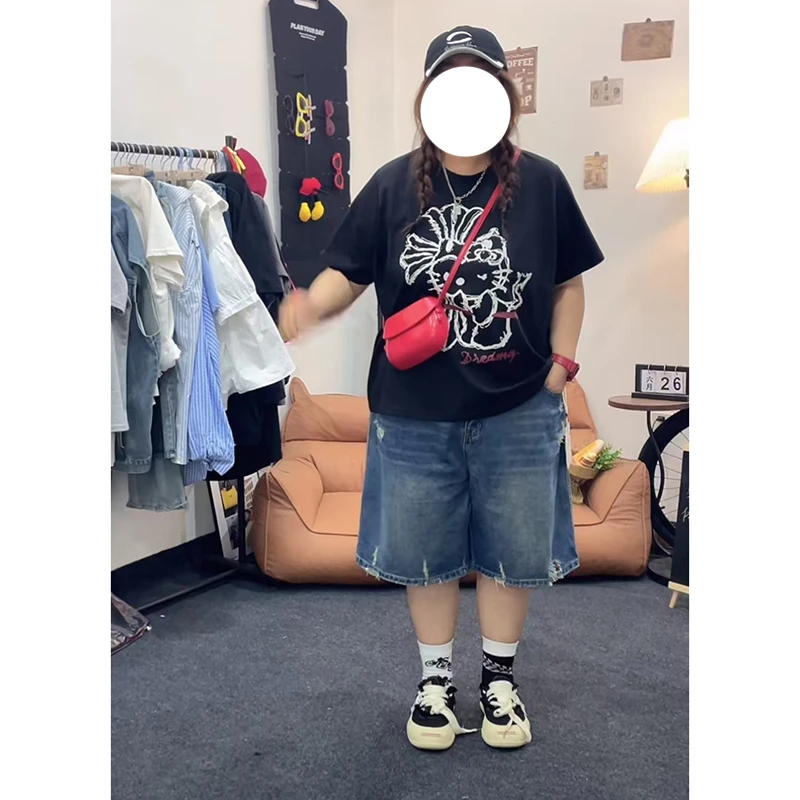 学生大码女装夏季破洞五分裤女夏季薄款胖mm梨形高腰显瘦阔腿短裤