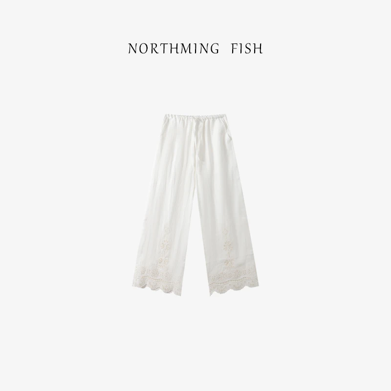 NorthMing fish「浪漫时区」100亚麻 简约有腔调越洗越软蕾丝休闲裤