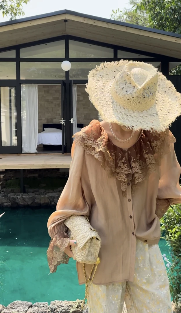 NXJ【懒洋洋】微胖大码 双层刺绣莱赛尔宽松大版上衣咖 250226