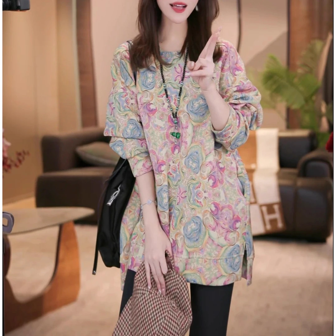 2026秋冬新款宽松时尚温柔印花减龄气质圆领加厚保暖精致长袖卫衣
