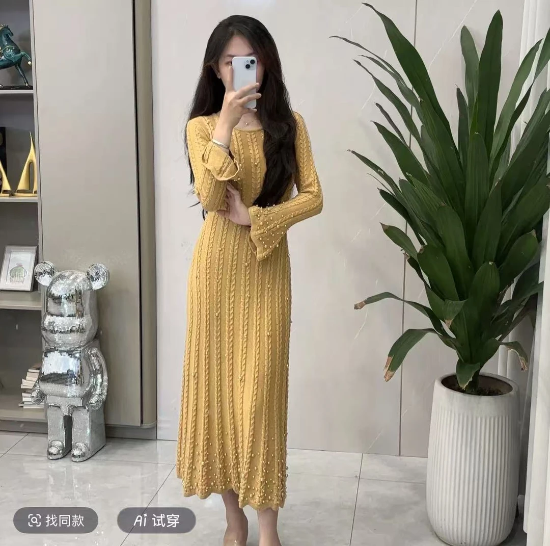 25297显瘦洋气复古轻奢时尚气质名媛针织百搭收腰修身旗袍连衣裙