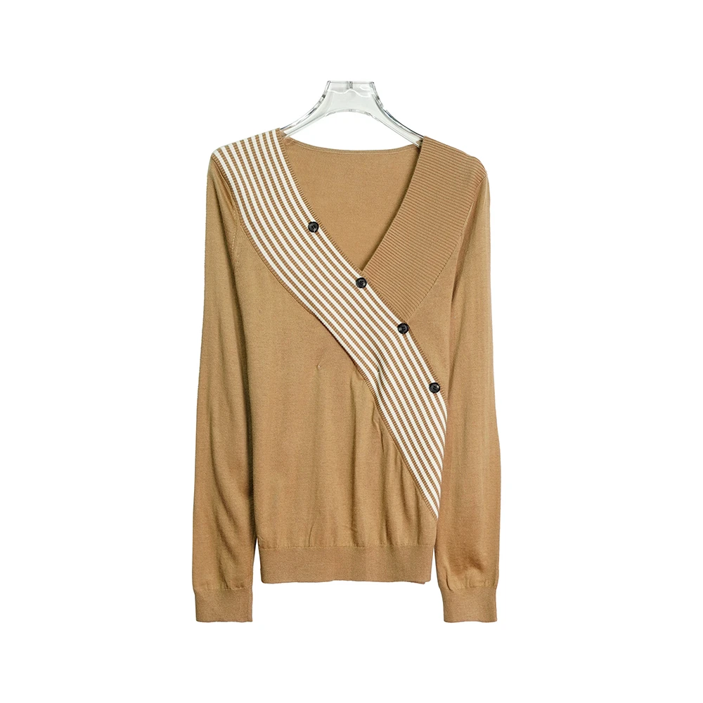 E3326【品牌撤柜】洋气V领斜扣显瘦条纹设计感别致上衣3Q