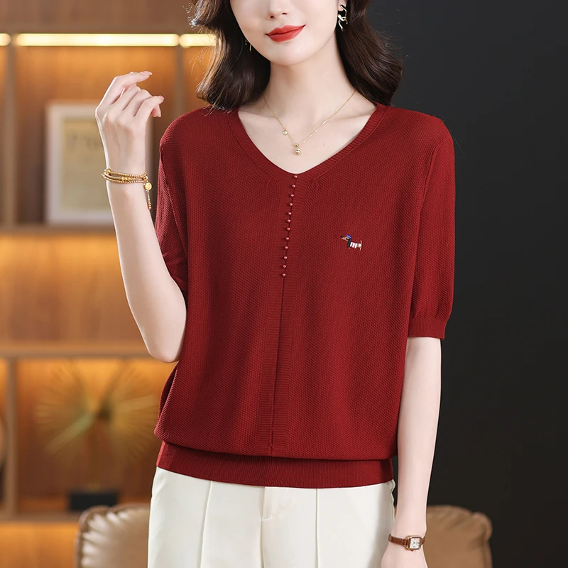 妈妈端庄大气夏装上衣洋气时髦减龄小衫2025新款女士冰丝短袖t恤