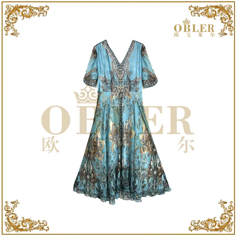 【欧宝莱尔】新款法式绿色时尚优雅显瘦连衣裙114-24555