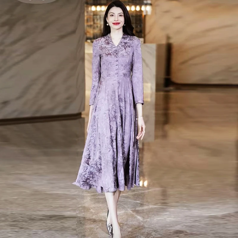 紫色长袖连衣裙2025春气质优雅收腰显瘦时尚轻奢长款A字裙1919