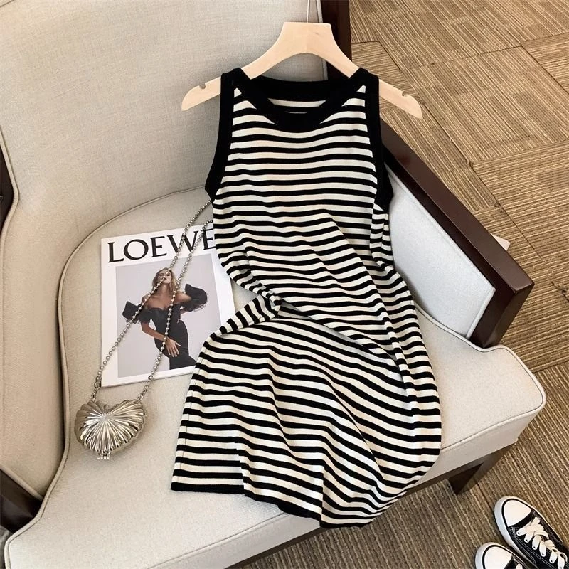 夏气质吊带裙小个子条纹针织背心裙女修身连衣裙高级无袖显瘦裙子