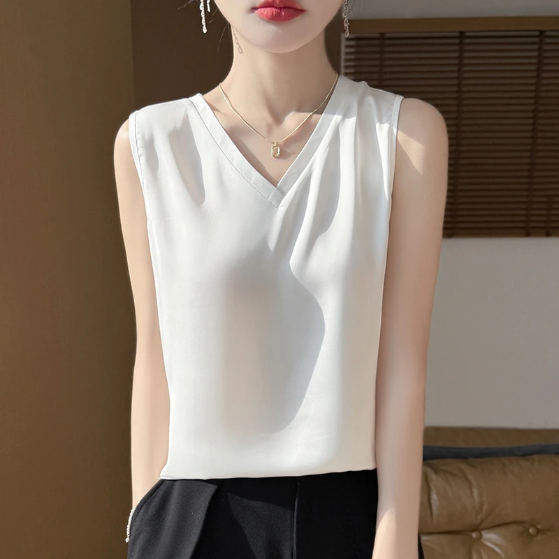 25新款春夏时尚百搭女V领缎面背心气质显瘦内搭外穿宽松打底内衣