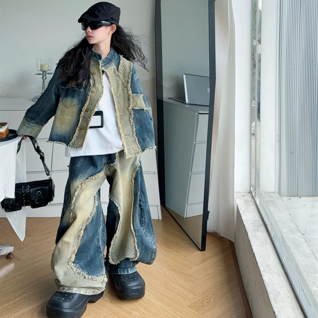 女童秋装牛仔套装2025新款韩版洋气童装女孩春秋外套弯刀裤两件套