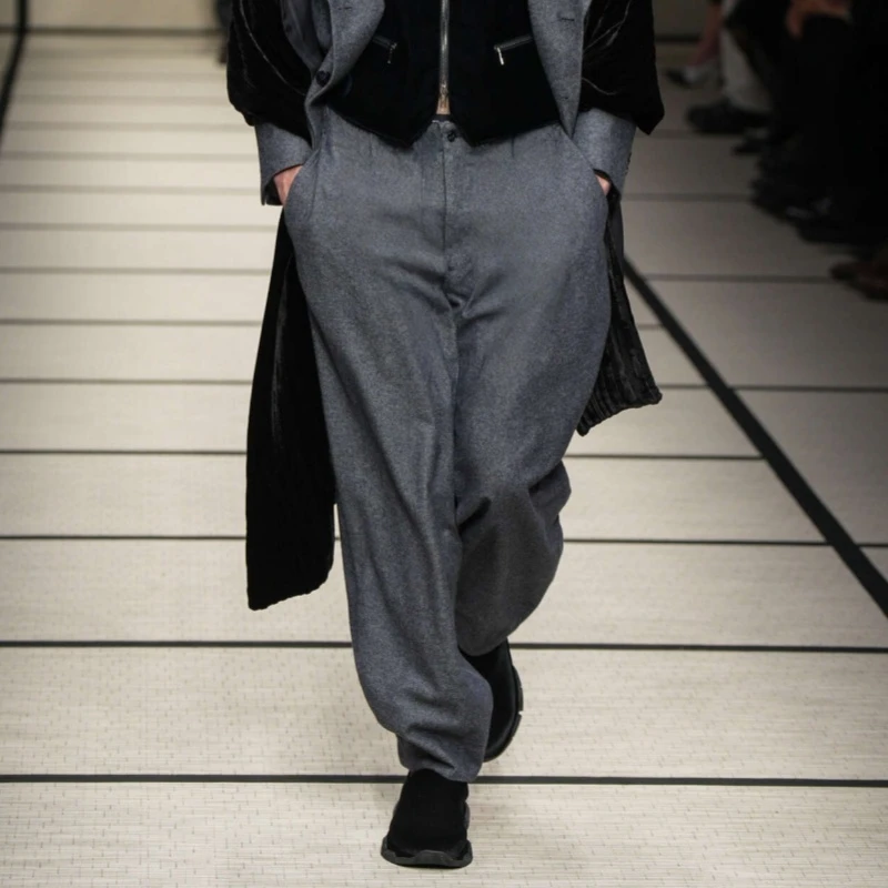 意式简约风宽松羊毛呢休闲哈伦裤潮男松紧腰简约保暖秋冬呢子长裤