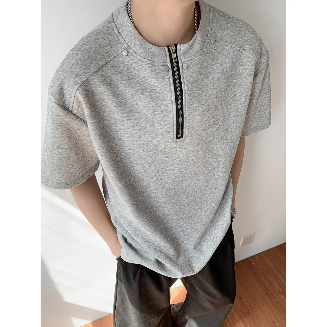 铆钉半拉链垫肩短袖t恤男夏季美式潮牌高级感痞帅重磅五分半中袖