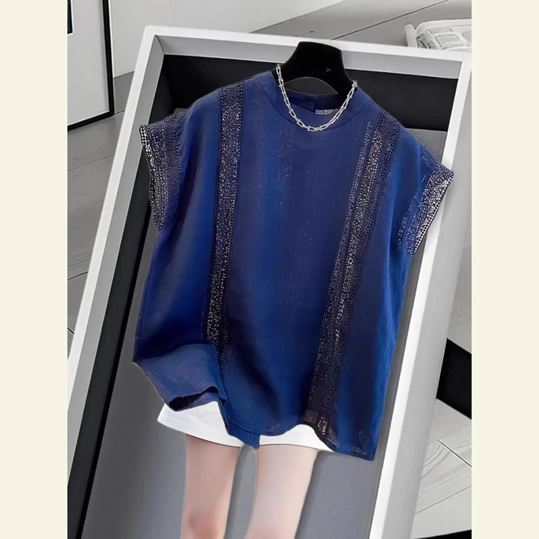 高端苎麻白色蕾丝上衣女薄款宽松2025夏新款拼接镂空小飞袖上衣