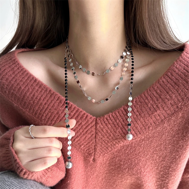 合金项链 X6105-1多层缠绕圆片流苏项链轻奢时尚小众长款设计感