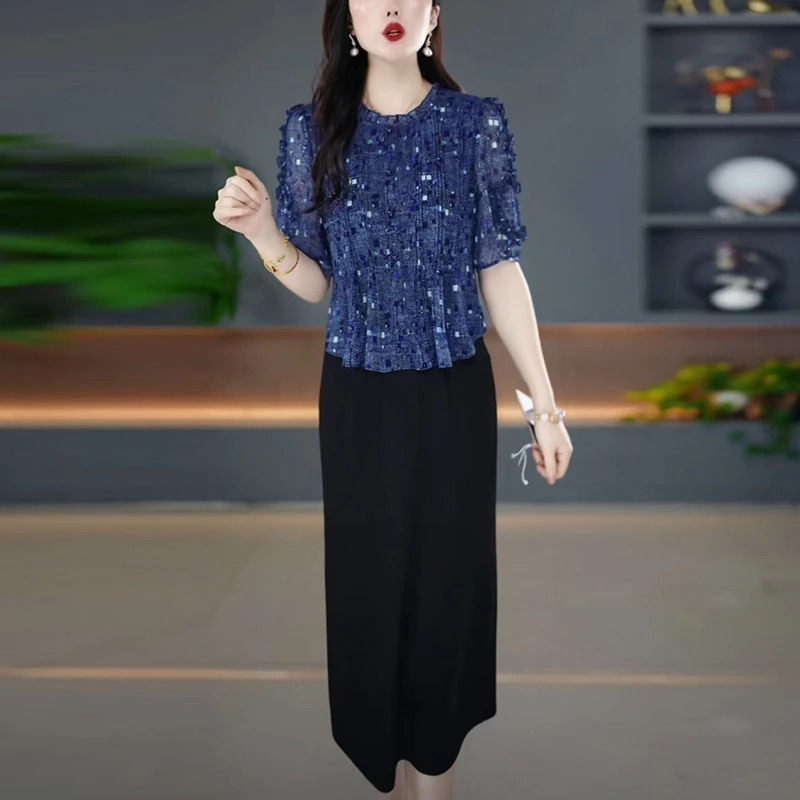 夏季洋气显瘦假两件短袖裙子女款爆款2025新款时尚高贵气质连衣裙