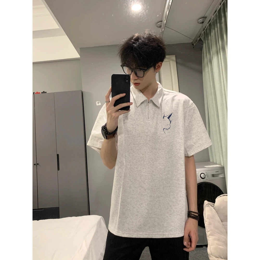 100%纯棉美式潮流小猫侧脸线描印花短袖Polo衫T恤男女夏翻领上衣