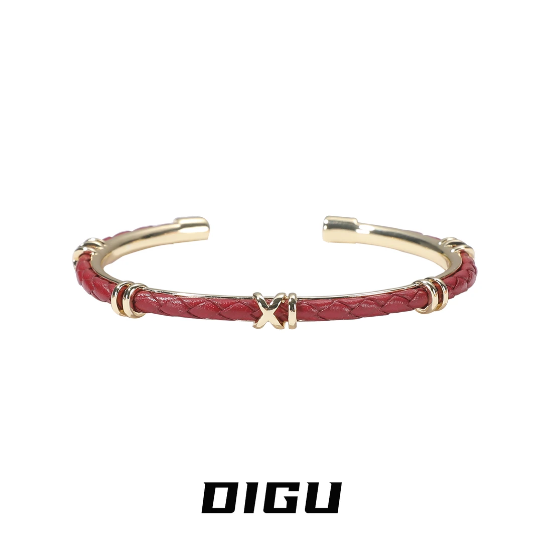 嘀咕家 铜合金皮质手镯 简约皮革编织手镯独特交叉手环开口手饰