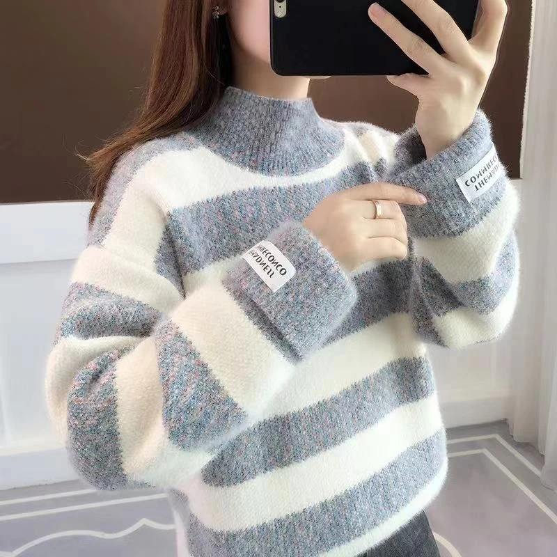 加厚半高领条纹针织打底衫毛衣女洋气秋冬新款韩版宽松外穿上衣厚