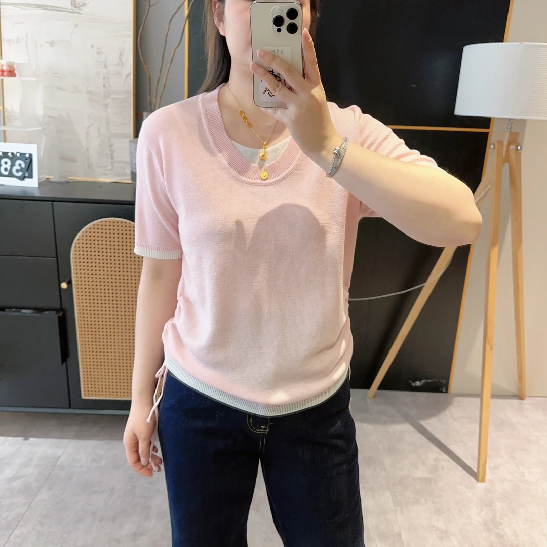 【欧加粒粒】显瘦设计感假两件圆领撞色抽绳短袖针织衫 T25032902