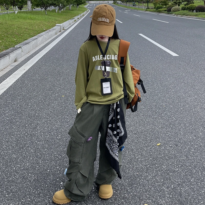 女童美式复古军绿色花朵刺绣工装裤春秋季新款设计感直筒阔腿裤潮