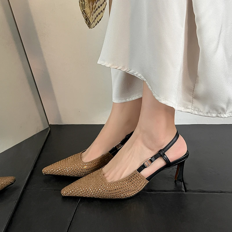 6/9cm轻奢风水钻包头凉鞋女细跟性感后空高跟鞋夏天百搭气质女鞋