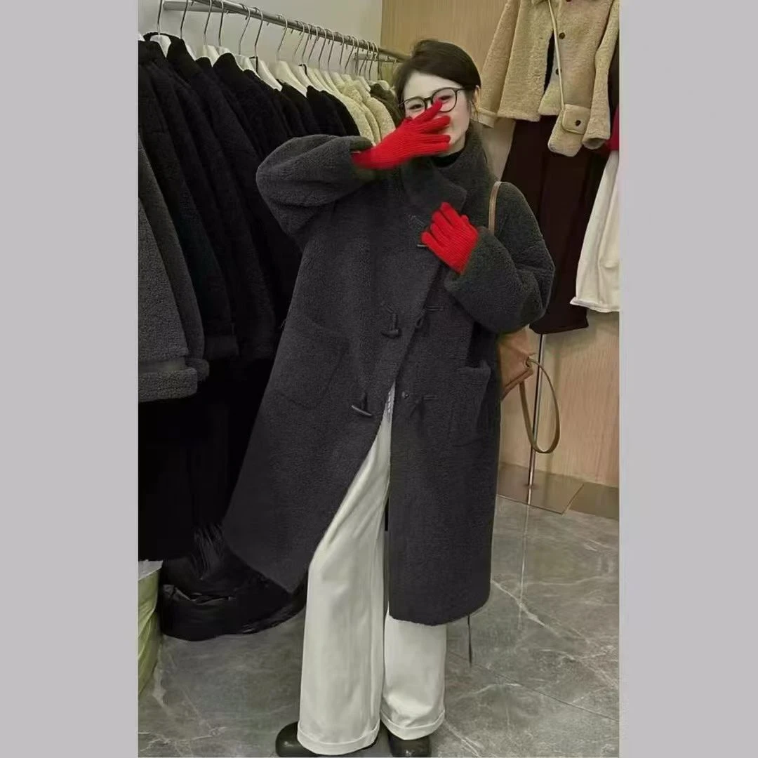 冬季韩系慵懒风中长款连帽全羊毛保暖女外套