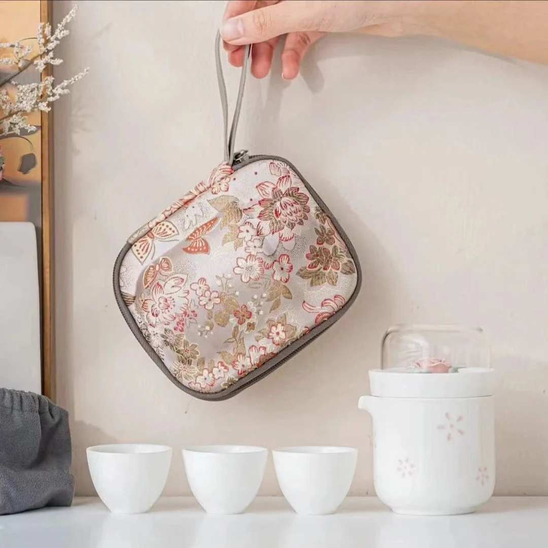 粉花玲珑瓷户外便携旅行茶具