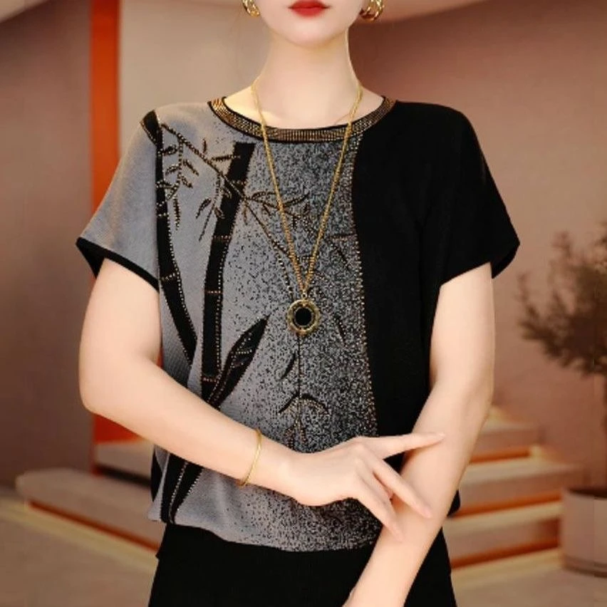 22242女士设计感薄款竹节花短袖圆领T恤