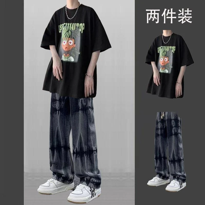潮牌短袖套装男夏季ins嘻哈潮流男装一整套衣服穿搭t恤宽松两件套