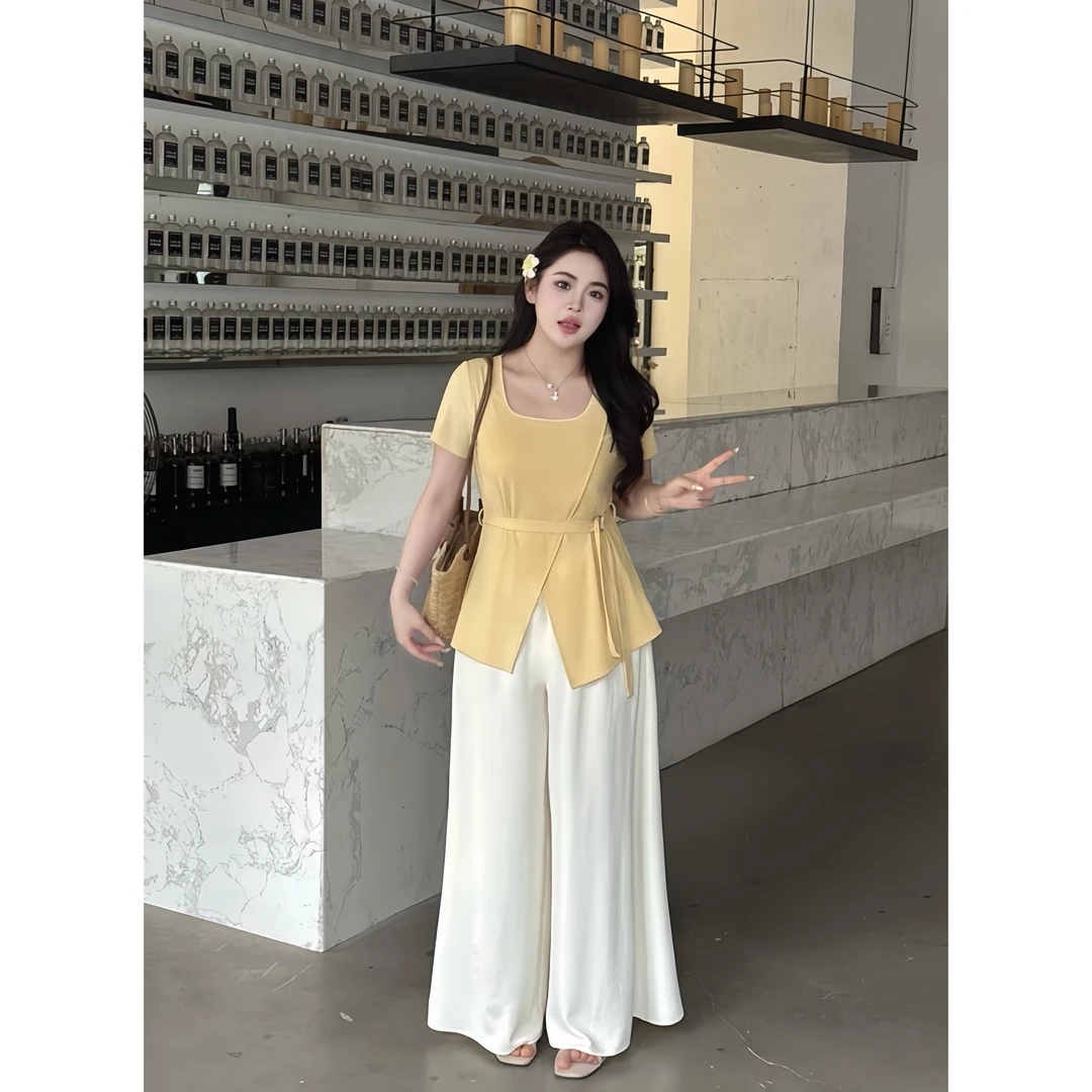 大码胖mm盐系轻熟风穿搭休闲设计感女夏开叉短袖T恤+阔腿裤两件套