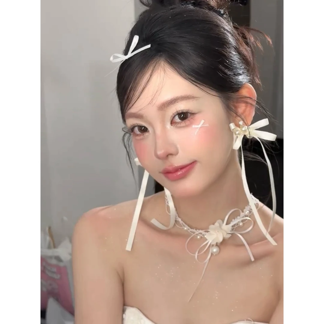 T7050新款复古法式蝴蝶结项链耳夹套装