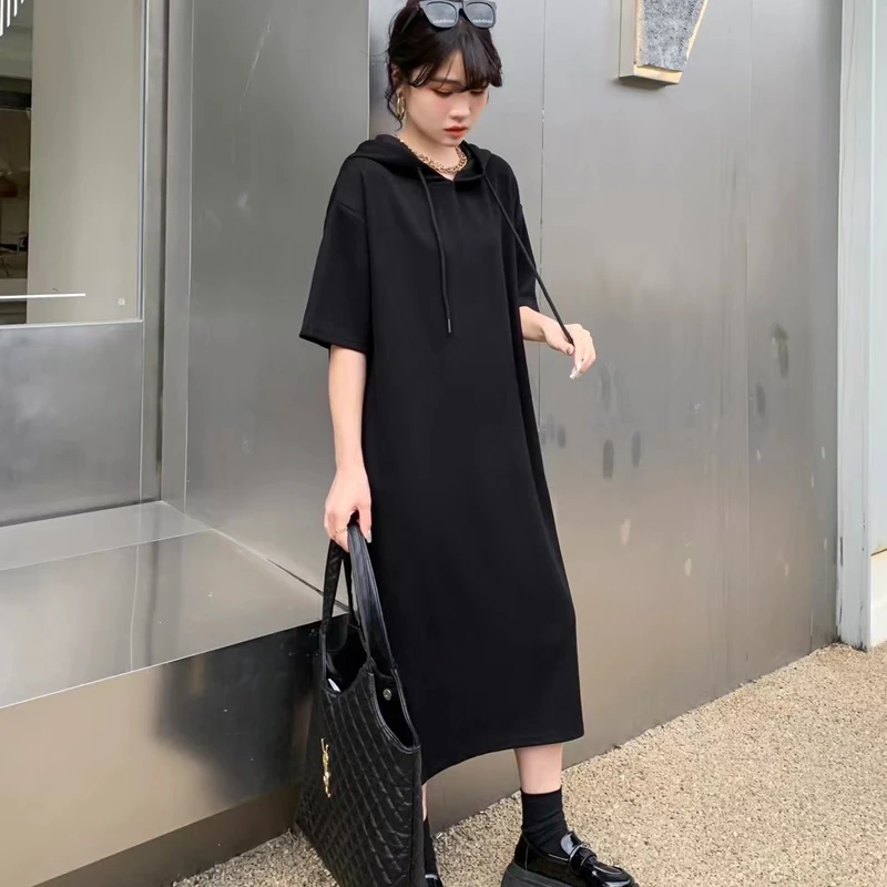 连帽卫衣裙长款2025夏季遮肉显瘦韩版宽松T恤裙后开叉连衣裙 9818