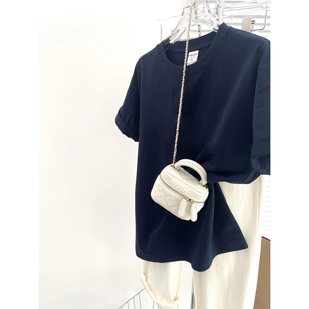 简约宽松纯色短袖t恤休闲打底衫女2025爆款藏蓝色纯棉上衣半袖潮