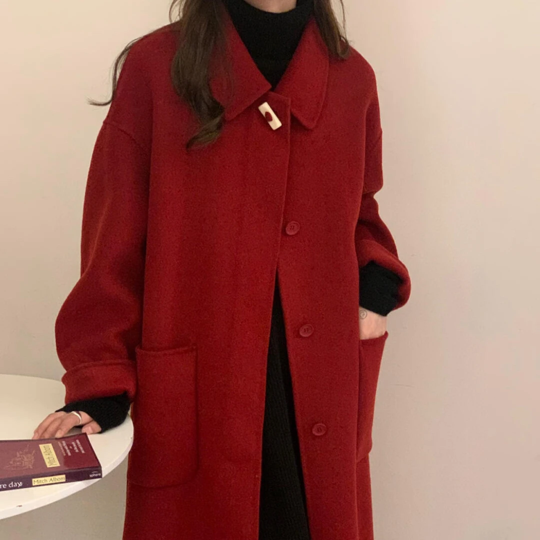 秋冬新款韩版宽松中长款红色牛角扣双面呢大衣女外套