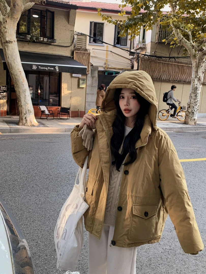 2522冬季韩系中长款帽子可拆卸90白鸭绒羽绒服