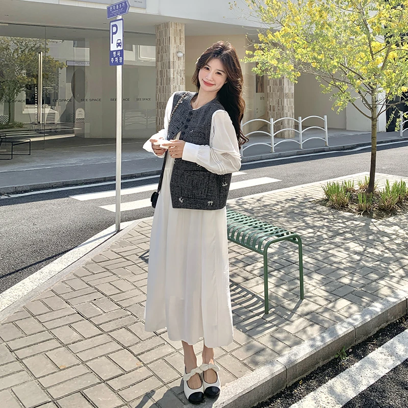 韩系甜美刺绣蝴蝶结马甲长裙套装女2025春新款超好看连衣裙两件套