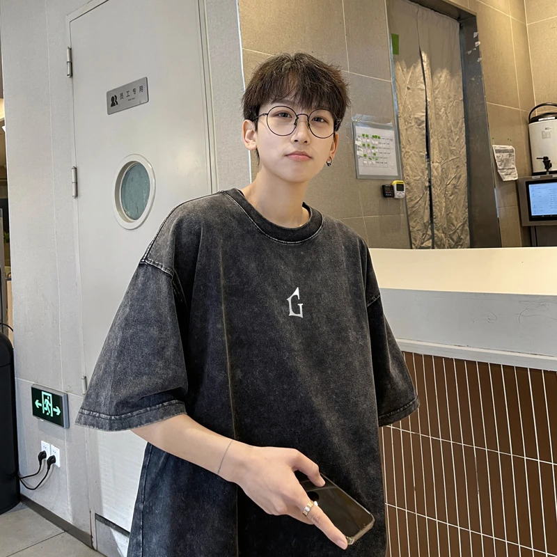 特大码300斤重磅印花水洗做旧纯棉短袖T恤复古青少年夏季上衣男装