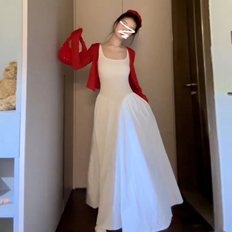 法式白色吊带连衣裙女装早秋穿搭2025新款红色开衫套装裙5334