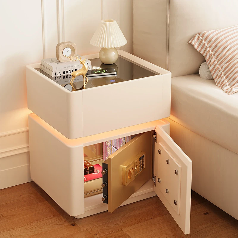 床头柜智能保险箱轻奢高级感收纳柜卧室奶油风斗柜置物架床边柜子