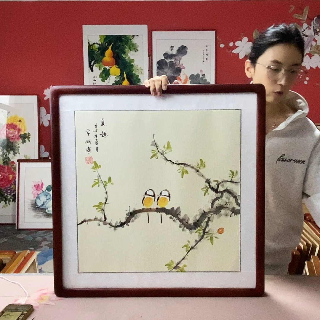 国画手写手绘带框包邮国画作品62✖️62