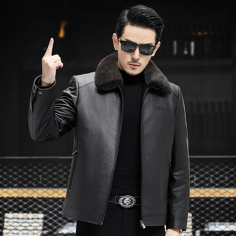 VBA 23168ZS 头层牛皮男士水貂毛领山羊毛内胆加厚海宁真皮皮衣皮