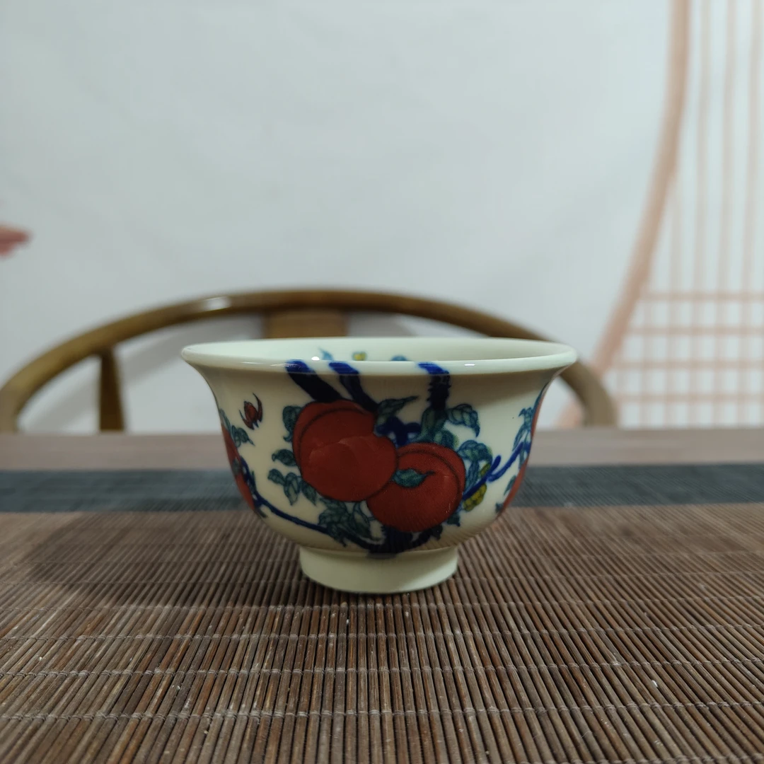 景德镇陶瓷青花釉里红九桃五福压手杯主人杯柴窑手绘寿桃品茗杯