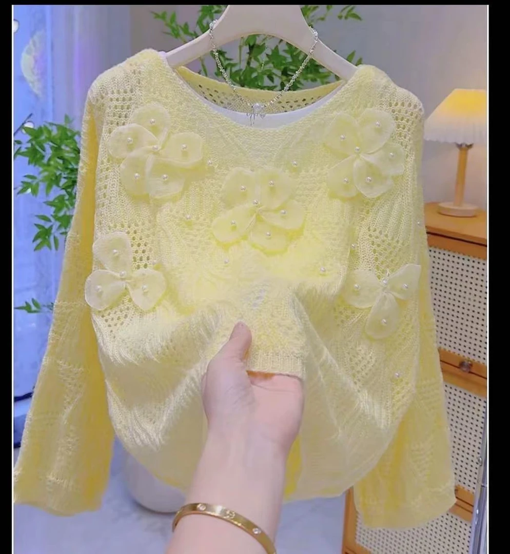 爆款山茶花钉珠镂空甜甜美针织衫2025春季新款宽松时尚洋气毛衣