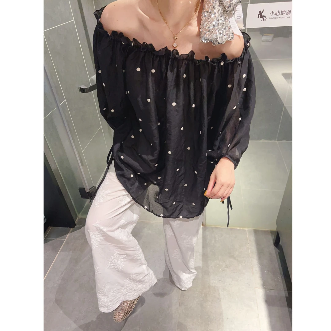 女人味一字领长袖波点防晒雪纺衫夏2025爆款圆点印花宽松大版衫潮