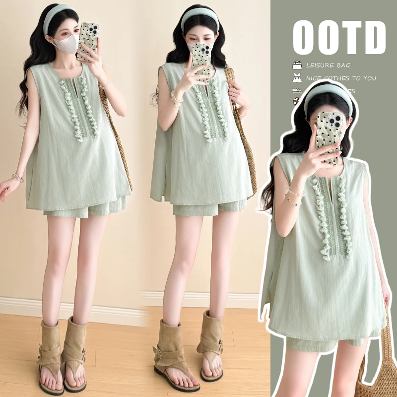 2025年夏装新款韩版时尚慵懒风v领背心短裤孕妇套装小个子宽松