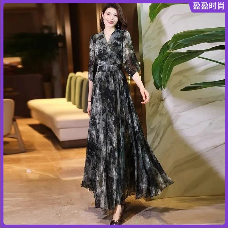 l雪纺连衣裙大摆裙7分袖大摆连衣裙修身显瘦起度假修身过膝长裙I