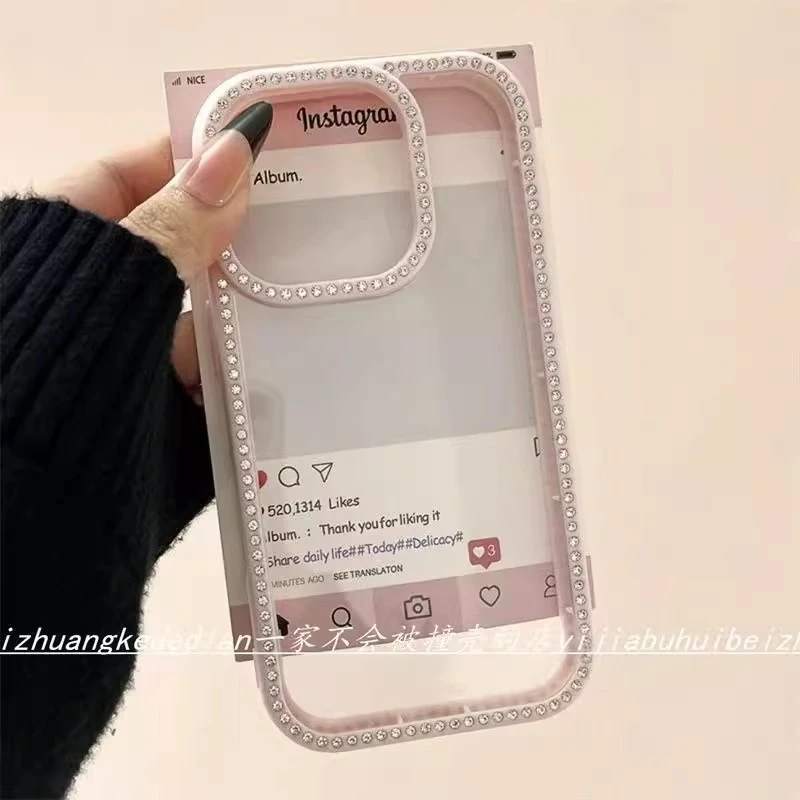 适用粉色闪钻边框透明苹果iPhone16ProMax手机壳高级感15新款1413